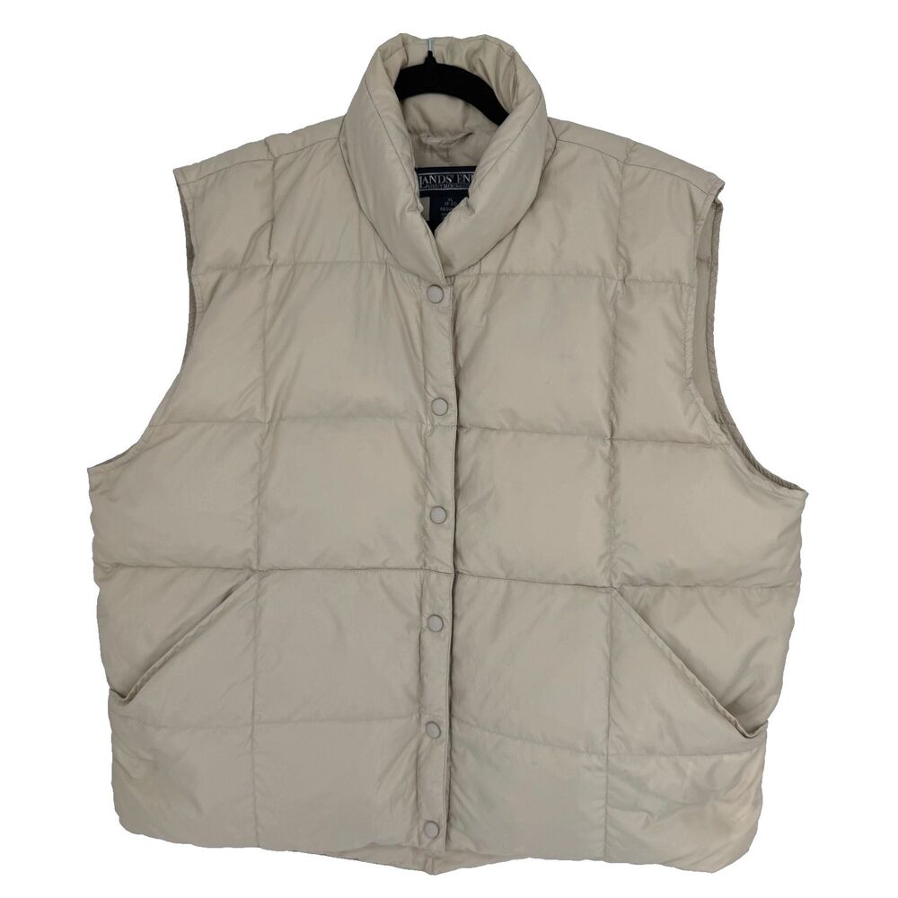 Vintage 90s Lands End Goose Down Puffer Vest Beige XL 18-20 Snap Buttons Quilted